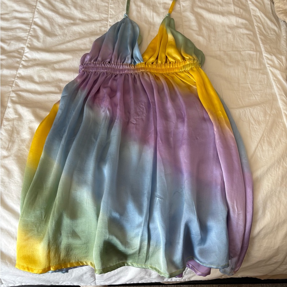 One-of-a-kind multicolor silk halter minidress